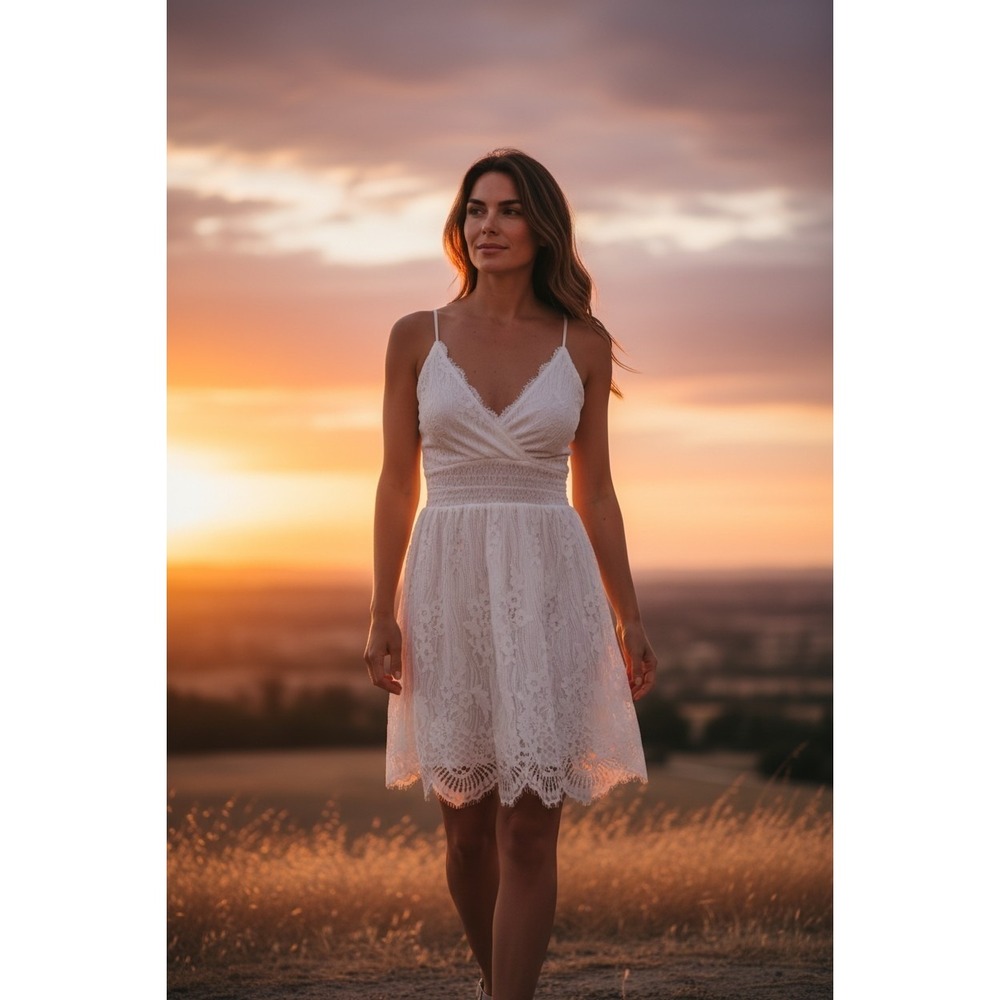 White‎ Lace Mini Dress Size M Boho Wedding Bridal Shower Lace Up Back